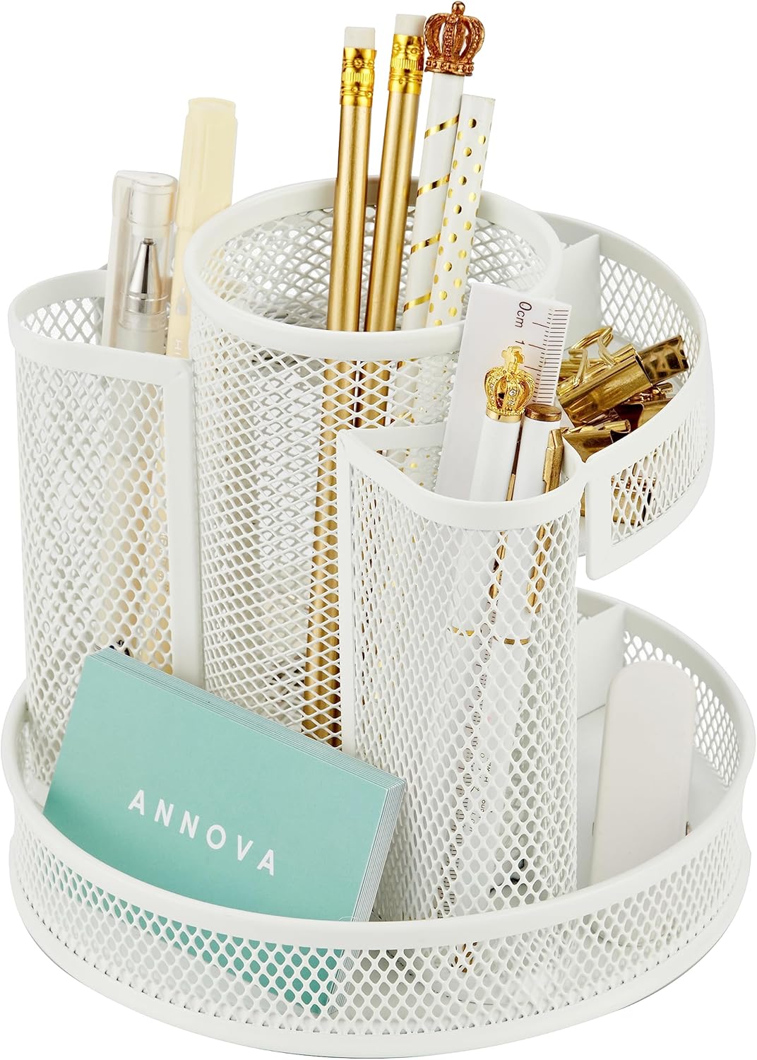 Annova Mesh Desk Organizer Rotate with 5 Compartments Round Spinning Tidy Candy/Pen Holder Desk Accessories Office, Art Supply, Storage, Classroom, Home (Black)