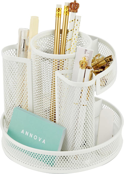 Annova Mesh Desk Organizer Rotate with 5 Compartments Round Spinning Tidy Candy/Pen Holder Desk Accessories Office, Art Supply, Storage, Classroom, Home (Black)