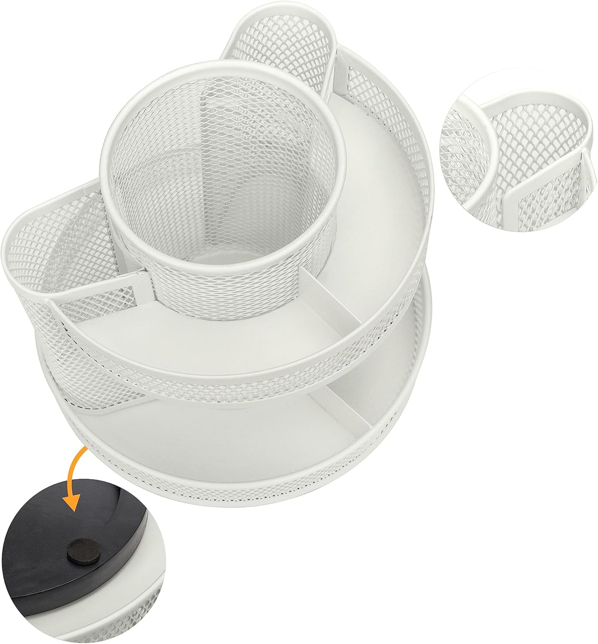 Annova Mesh Desk Organizer Rotate with 5 Compartments Round Spinning Tidy Candy/Pen Holder Desk Accessories Office, Art Supply, Storage, Classroom, Home (Black)