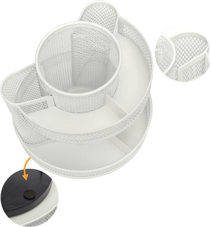 Annova Mesh Desk Organizer Rotate with 5 Compartments Round Spinning Tidy Candy/Pen Holder Desk Accessories Office, Art Supply, Storage, Classroom, Home (Black)