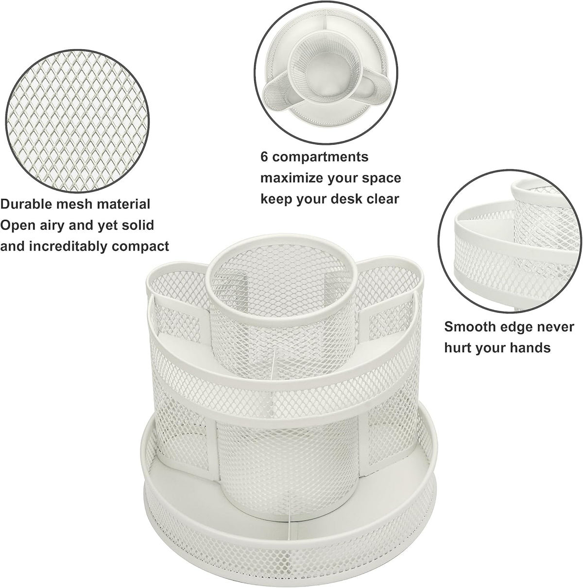 Annova Mesh Desk Organizer Rotate with 5 Compartments Round Spinning Tidy Candy/Pen Holder Desk Accessories Office, Art Supply, Storage, Classroom, Home (Black)