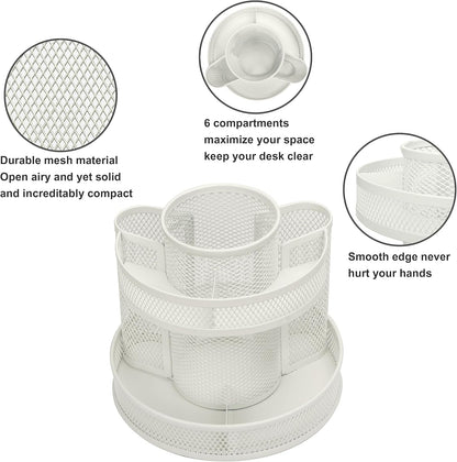 Annova Mesh Desk Organizer Rotate with 5 Compartments Round Spinning Tidy Candy/Pen Holder Desk Accessories Office, Art Supply, Storage, Classroom, Home (Black)