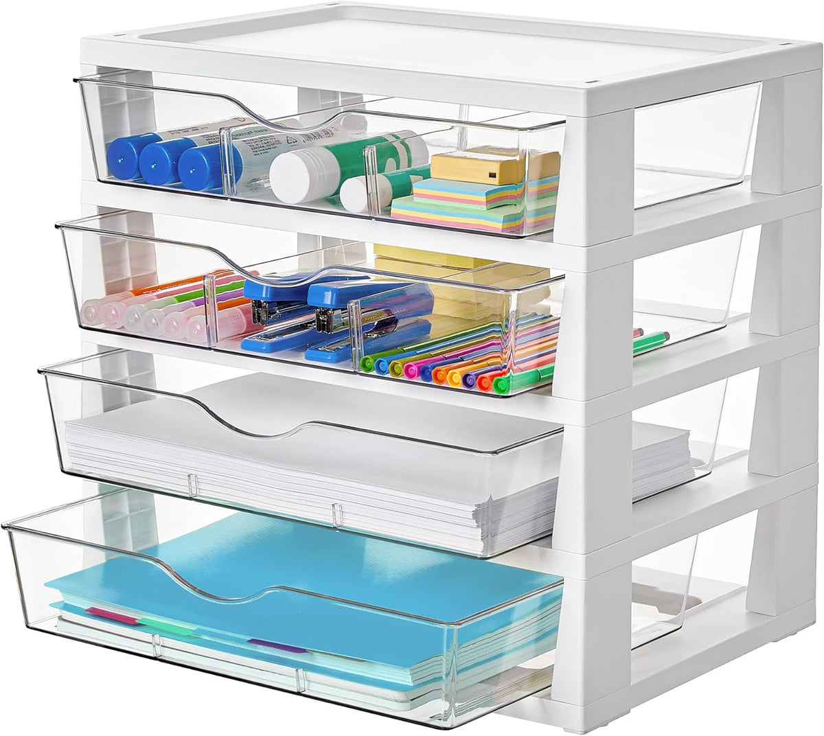 Clear Desktop Organizer, 4-Tier Drawer Storage with Dividers