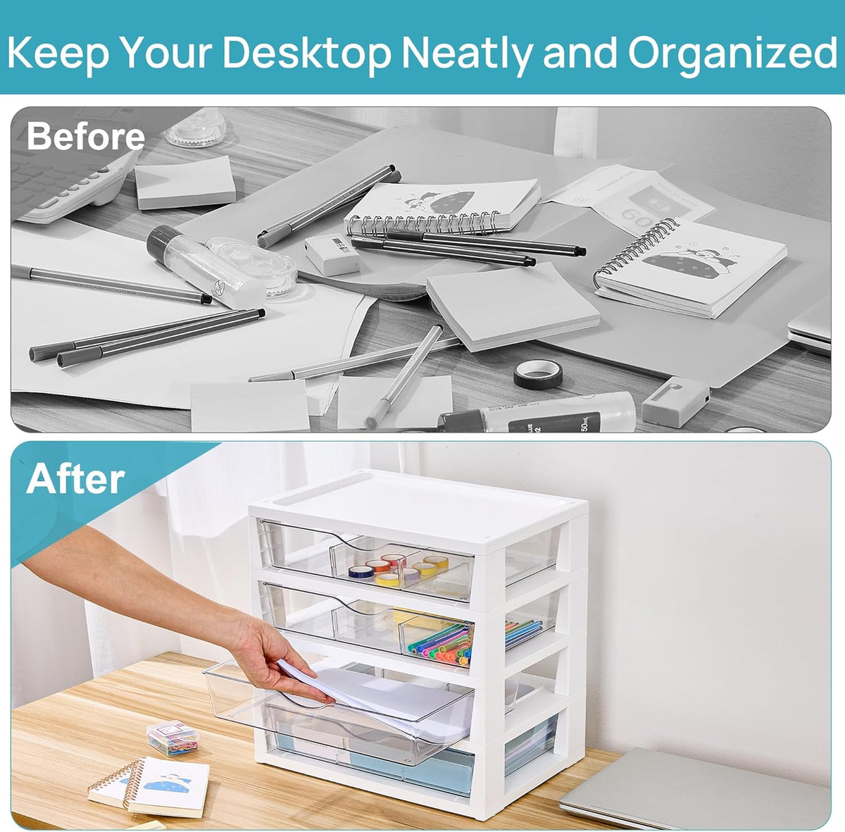 Clear Desktop Organizer, 4-Tier Drawer Storage with Dividers