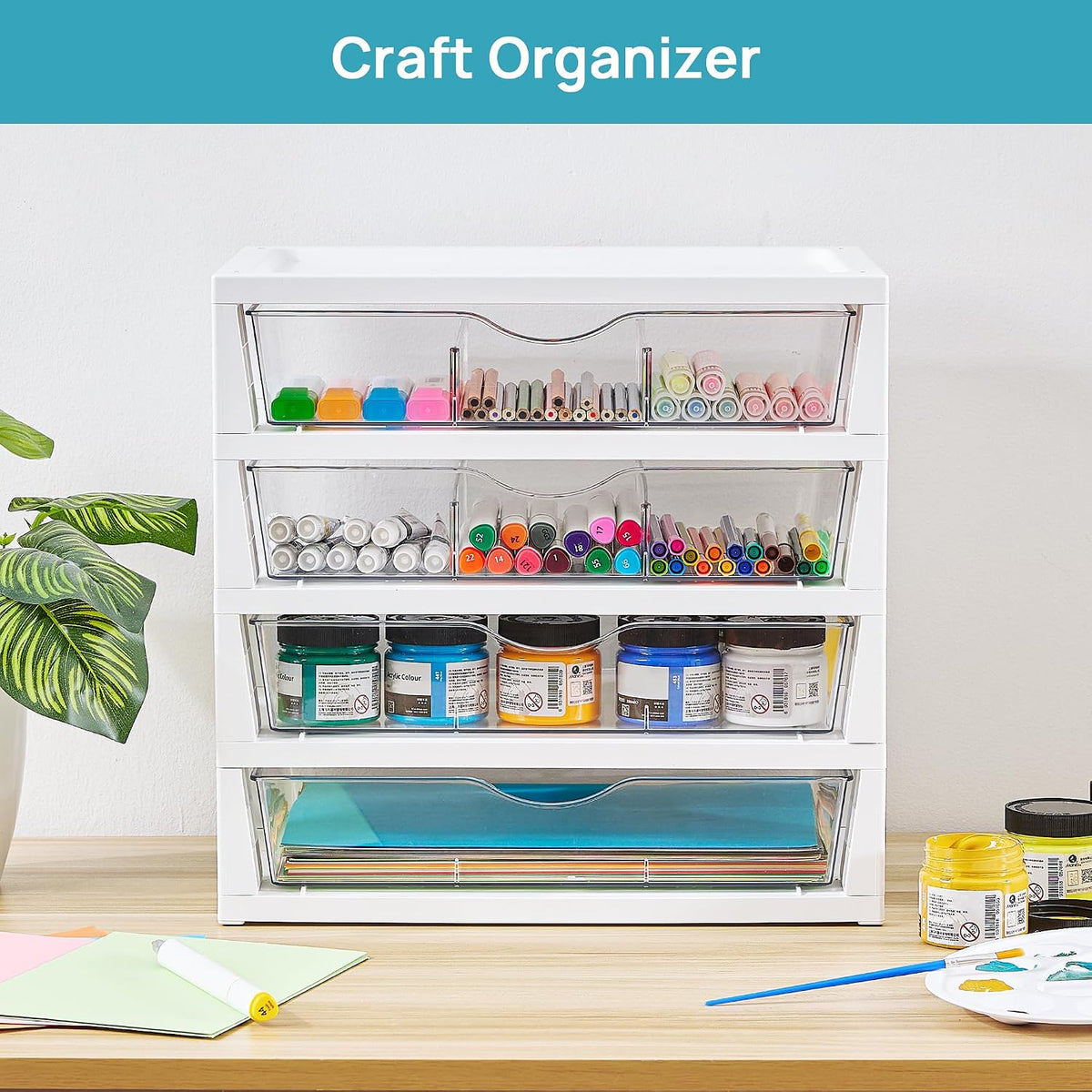 Clear Desktop Organizer, 4-Tier Drawer Storage with Dividers