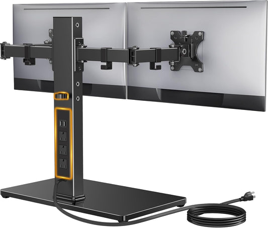 Dual Monitor Stand with Power Strip, Freestanding Computer Monitor Stand for 2 Screens up to 32 Inch, Monitor Stand Riser with Glass Base and Adjustable Arms, Holds 22 lbs per Arm, PGTVS41B