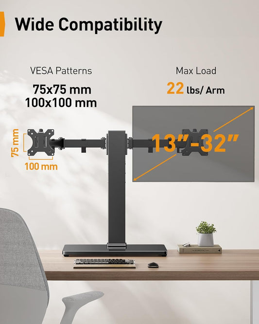Dual Monitor Stand with Power Strip, Freestanding Computer Monitor Stand for 2 Screens up to 32 Inch, Monitor Stand Riser with Glass Base and Adjustable Arms, Holds 22 lbs per Arm, PGTVS41B