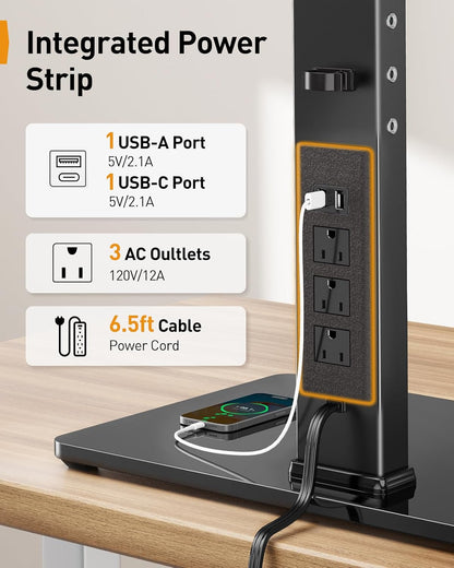 Dual Monitor Stand with Power Strip, Freestanding Computer Monitor Stand for 2 Screens up to 32 Inch, Monitor Stand Riser with Glass Base and Adjustable Arms, Holds 22 lbs per Arm, PGTVS41B