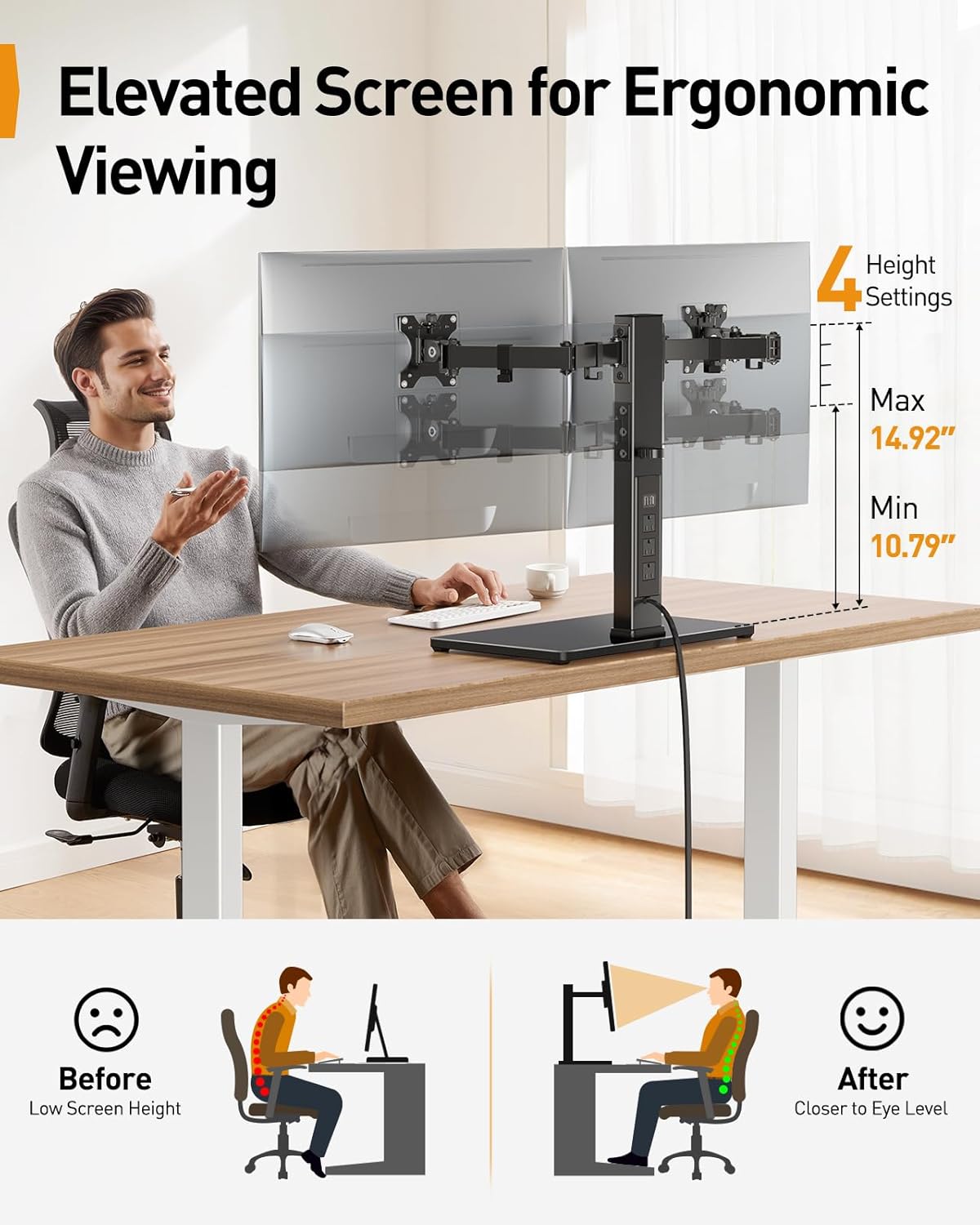 Dual Monitor Stand with Power Strip, Freestanding Computer Monitor Stand for 2 Screens up to 32 Inch, Monitor Stand Riser with Glass Base and Adjustable Arms, Holds 22 lbs per Arm, PGTVS41B