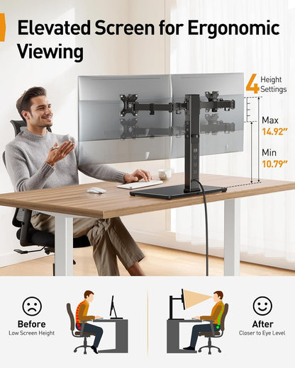 Dual Monitor Stand with Power Strip, Freestanding Computer Monitor Stand for 2 Screens up to 32 Inch, Monitor Stand Riser with Glass Base and Adjustable Arms, Holds 22 lbs per Arm, PGTVS41B
