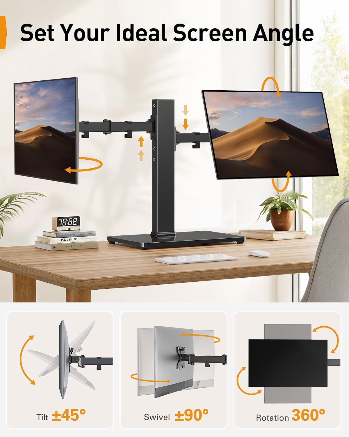 Dual Monitor Stand with Power Strip, Freestanding Computer Monitor Stand for 2 Screens up to 32 Inch, Monitor Stand Riser with Glass Base and Adjustable Arms, Holds 22 lbs per Arm, PGTVS41B