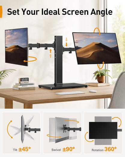 Dual Monitor Stand with Power Strip, Freestanding Computer Monitor Stand for 2 Screens up to 32 Inch, Monitor Stand Riser with Glass Base and Adjustable Arms, Holds 22 lbs per Arm, PGTVS41B