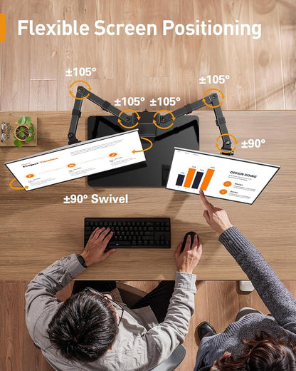 Dual Monitor Stand with Power Strip, Freestanding Computer Monitor Stand for 2 Screens up to 32 Inch, Monitor Stand Riser with Glass Base and Adjustable Arms, Holds 22 lbs per Arm, PGTVS41B