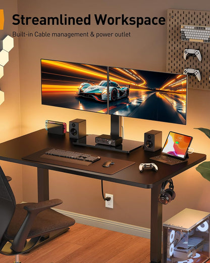 Dual Monitor Stand with Power Strip, Freestanding Computer Monitor Stand for 2 Screens up to 32 Inch, Monitor Stand Riser with Glass Base and Adjustable Arms, Holds 22 lbs per Arm, PGTVS41B