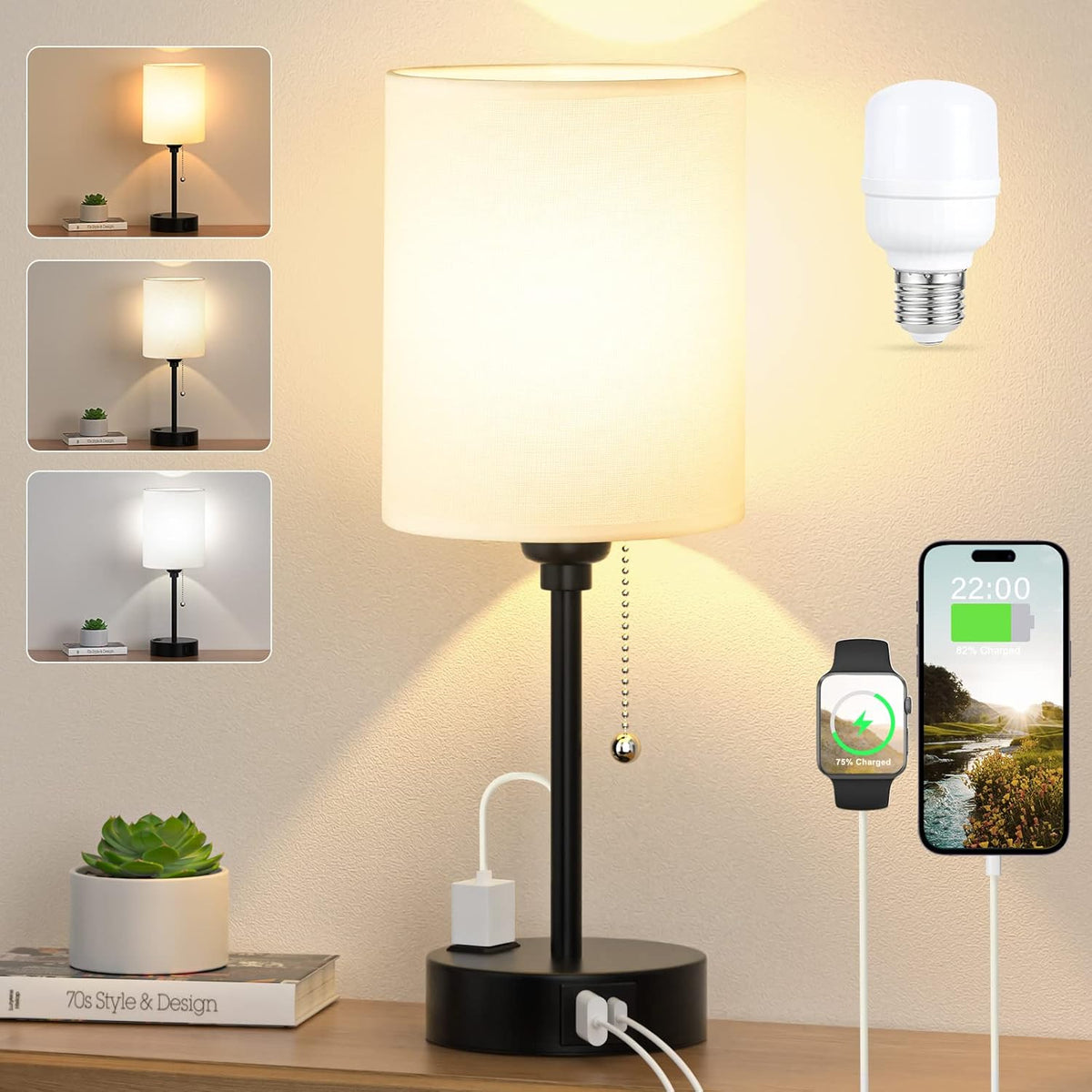 Dicoool Bedside Table Lamp for Bedroom - Small Desk Lamp with USB Ports
