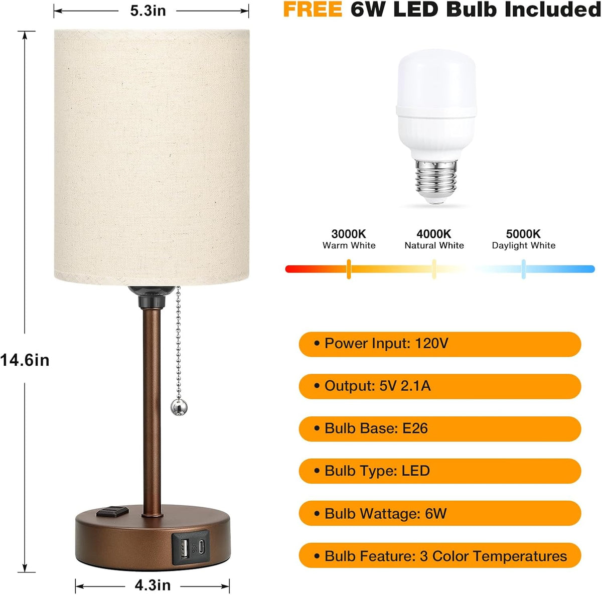 Dicoool Bedside Table Lamp for Bedroom - Small Desk Lamp with USB Ports