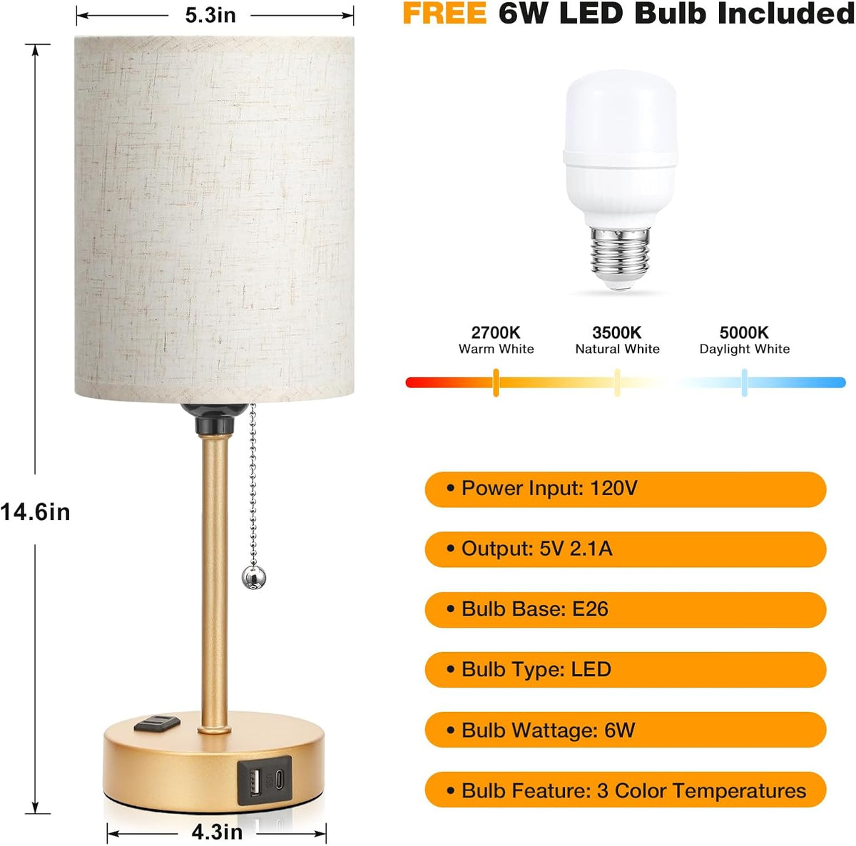 Dicoool Bedside Table Lamp for Bedroom - Small Desk Lamp with USB Ports