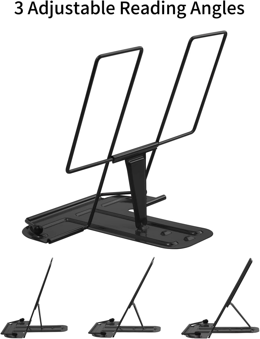 MSDADA Metal Book Stand for Desk, Adjustable Reading Rest Book Holder, Portable Cookbook Documents Holder, Sturdy Typing Stand for Recipes Textbooks Tablet Music Books with Page Clips (Black)