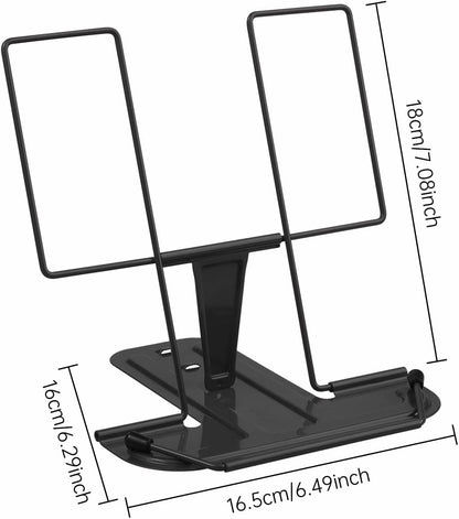 MSDADA Metal Book Stand for Desk, Adjustable Reading Rest Book Holder, Portable Cookbook Documents Holder, Sturdy Typing Stand for Recipes Textbooks Tablet Music Books with Page Clips (Black)