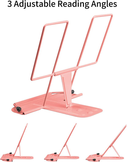 MSDADA Metal Book Stand for Desk, Adjustable Reading Rest Book Holder, Portable Cookbook Documents Holder, Sturdy Typing Stand for Recipes Textbooks Tablet Music Books with Page Clips (Black)