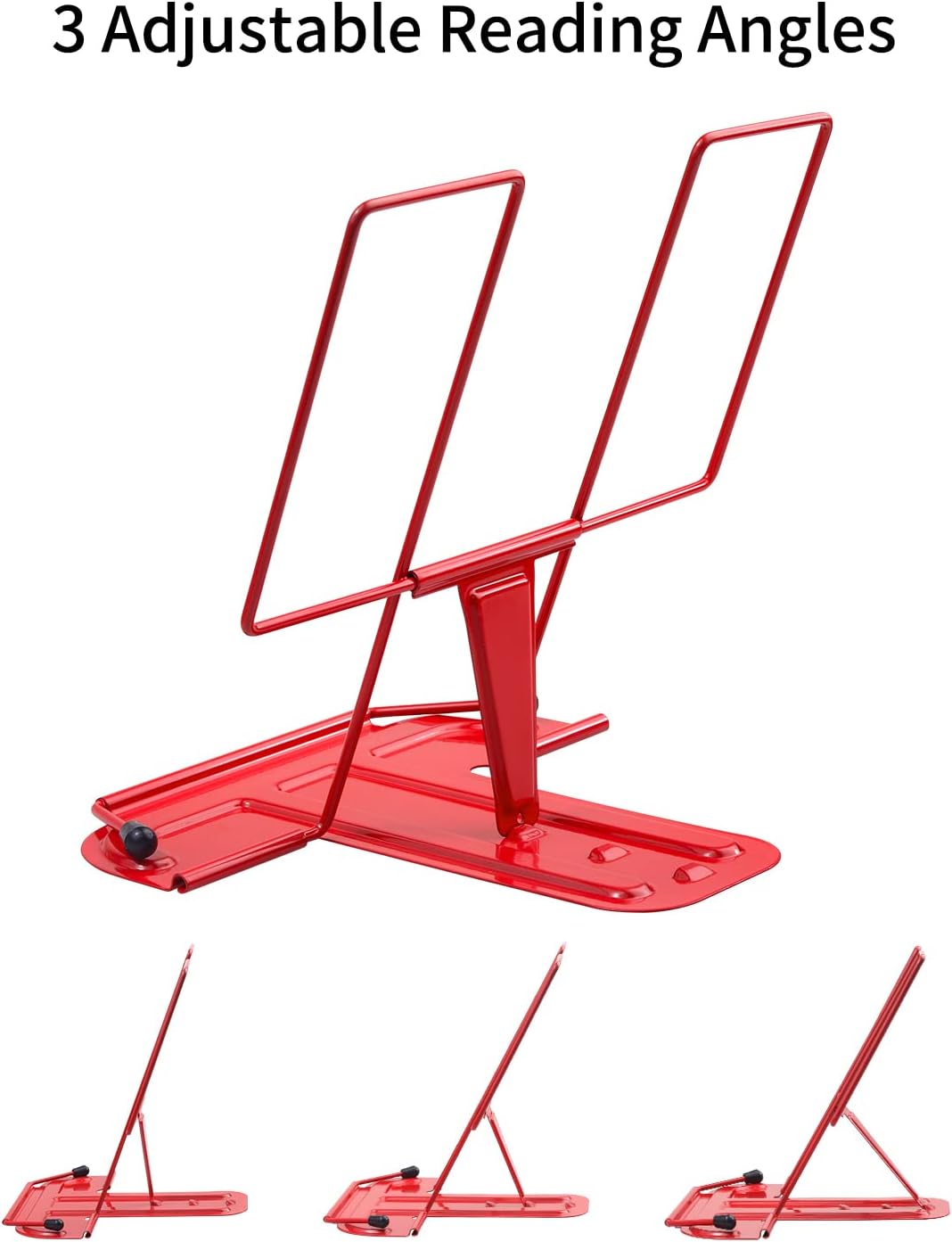 MSDADA Metal Book Stand for Desk, Adjustable Reading Rest Book Holder, Portable Cookbook Documents Holder, Sturdy Typing Stand for Recipes Textbooks Tablet Music Books with Page Clips (Black)