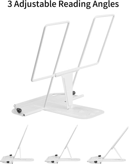 MSDADA Metal Book Stand for Desk, Adjustable Reading Rest Book Holder, Portable Cookbook Documents Holder, Sturdy Typing Stand for Recipes Textbooks Tablet Music Books with Page Clips (Black)