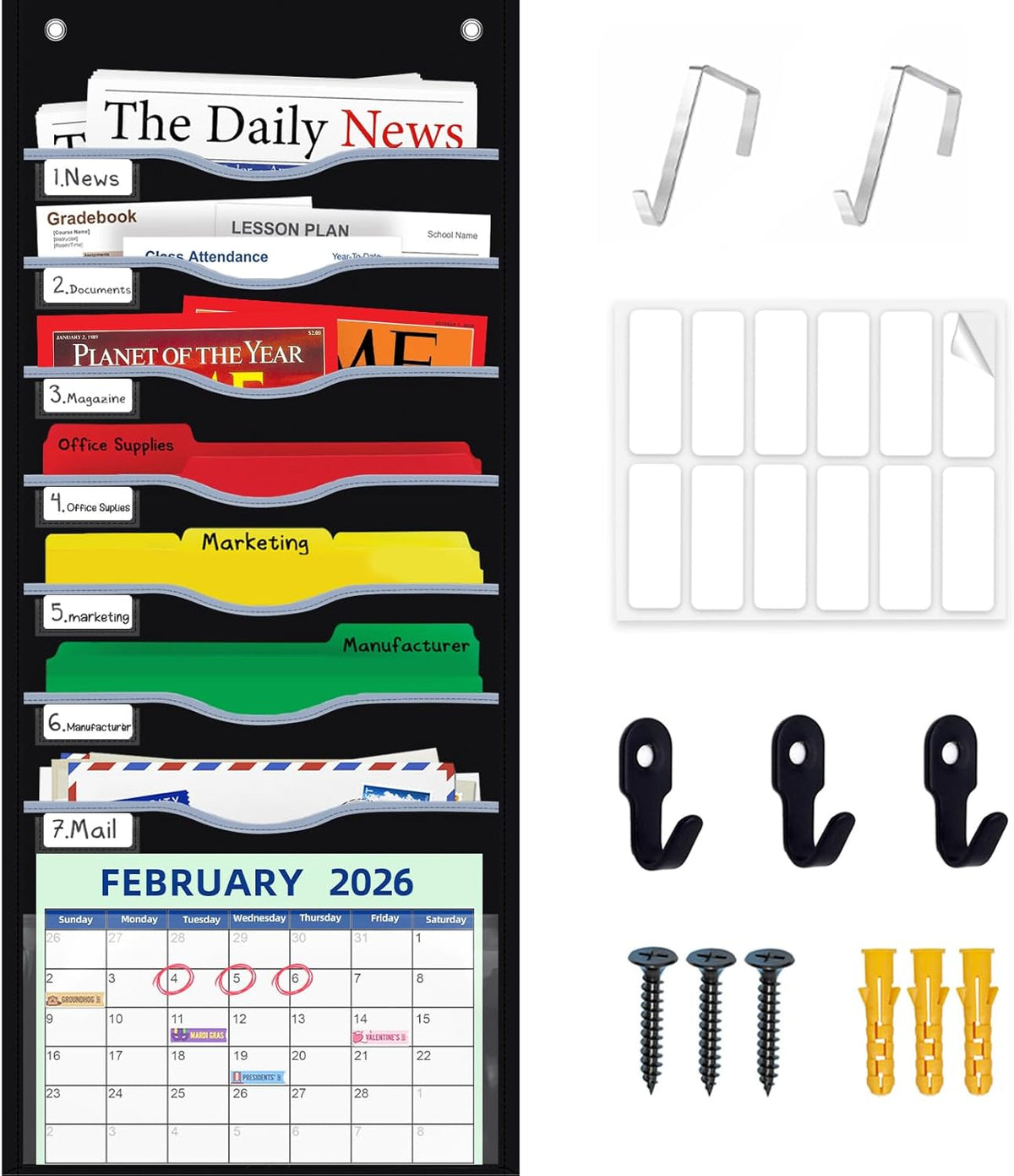 Hanging File Organizer 8 Pockets 15¾”W Legal/ Letter Size Paper Organizer, Pocket Chart for Classroom , Mail Organizer Wall Mounted, Over the Door Organizer with 12 Nameplate, 5 Hooks (Black)