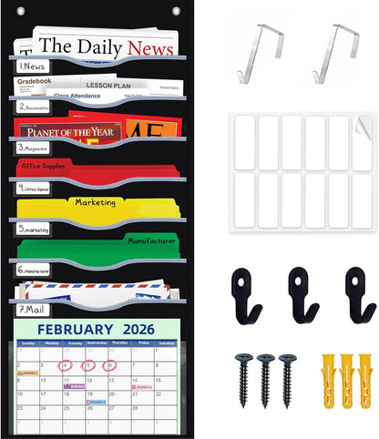 Hanging File Organizer 8 Pockets 15¾”W Legal/ Letter Size Paper Organizer, Pocket Chart for Classroom , Mail Organizer Wall Mounted, Over the Door Organizer with 12 Nameplate, 5 Hooks (Black)