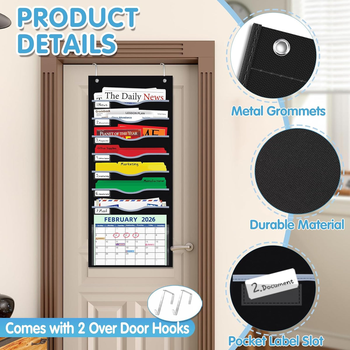Hanging File Organizer 8 Pockets 15¾”W Legal/ Letter Size Paper Organizer, Pocket Chart for Classroom , Mail Organizer Wall Mounted, Over the Door Organizer with 12 Nameplate, 5 Hooks (Black)