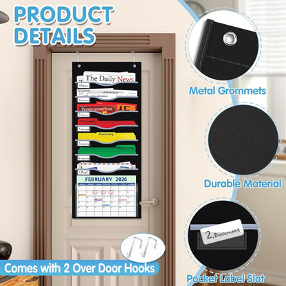 Hanging File Organizer 8 Pockets 15¾”W Legal/ Letter Size Paper Organizer, Pocket Chart for Classroom , Mail Organizer Wall Mounted, Over the Door Organizer with 12 Nameplate, 5 Hooks (Black)