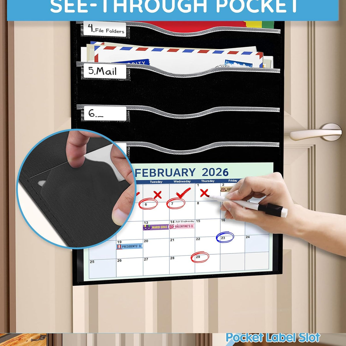 Hanging File Organizer 8 Pockets 15¾”W Legal/ Letter Size Paper Organizer, Pocket Chart for Classroom , Mail Organizer Wall Mounted, Over the Door Organizer with 12 Nameplate, 5 Hooks (Black)