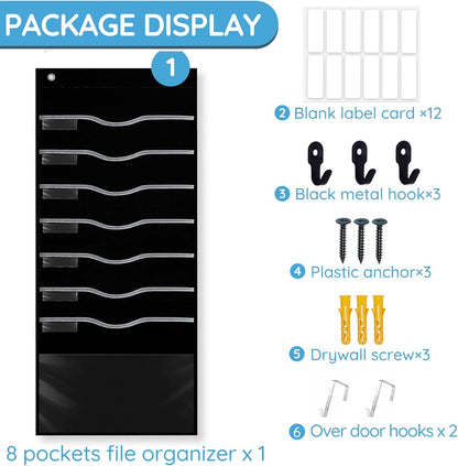 Hanging File Organizer 8 Pockets 15¾”W Legal/ Letter Size Paper Organizer, Pocket Chart for Classroom , Mail Organizer Wall Mounted, Over the Door Organizer with 12 Nameplate, 5 Hooks (Black)