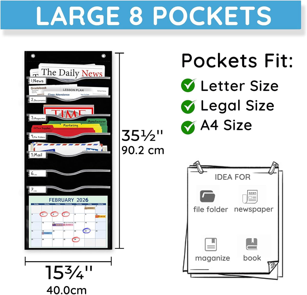 Hanging File Organizer 8 Pockets 15¾”W Legal/ Letter Size Paper Organizer, Pocket Chart for Classroom , Mail Organizer Wall Mounted, Over the Door Organizer with 12 Nameplate, 5 Hooks (Black)