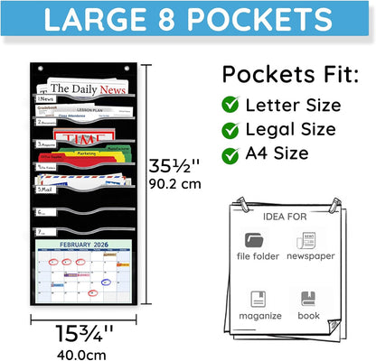 Hanging File Organizer 8 Pockets 15¾”W Legal/ Letter Size Paper Organizer, Pocket Chart for Classroom , Mail Organizer Wall Mounted, Over the Door Organizer with 12 Nameplate, 5 Hooks (Black)