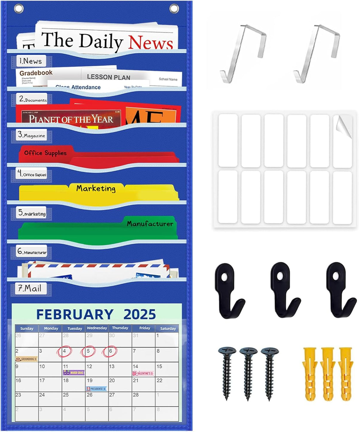 Hanging File Organizer 8 Pockets 15¾”W Legal/ Letter Size Paper Organizer, Pocket Chart for Classroom , Mail Organizer Wall Mounted, Over the Door Organizer with 12 Nameplate, 5 Hooks (Black)