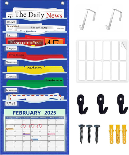 Hanging File Organizer 8 Pockets 15¾”W Legal/ Letter Size Paper Organizer, Pocket Chart for Classroom , Mail Organizer Wall Mounted, Over the Door Organizer with 12 Nameplate, 5 Hooks (Black)