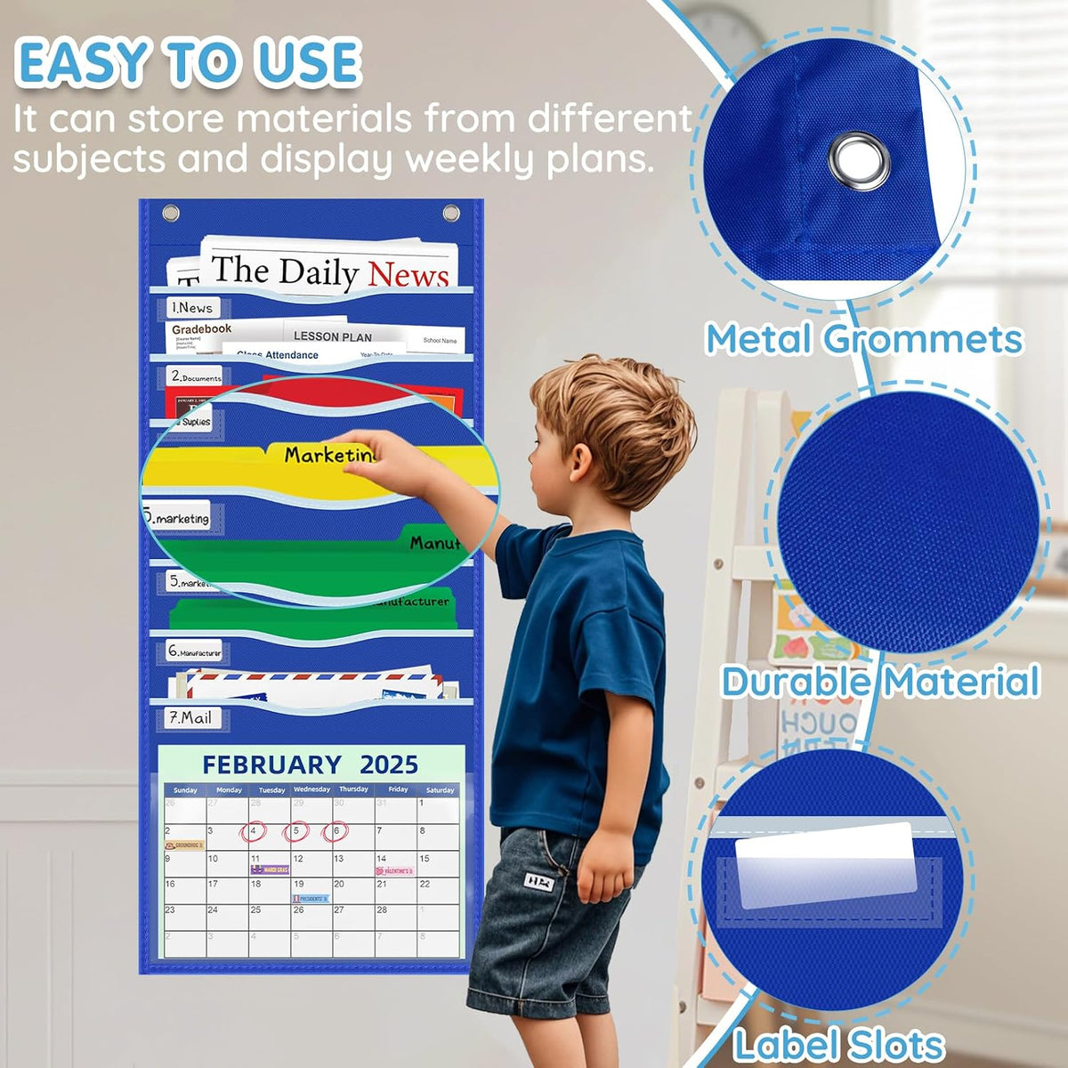 Hanging File Organizer 8 Pockets 15¾”W Legal/ Letter Size Paper Organizer, Pocket Chart for Classroom , Mail Organizer Wall Mounted, Over the Door Organizer with 12 Nameplate, 5 Hooks (Black)