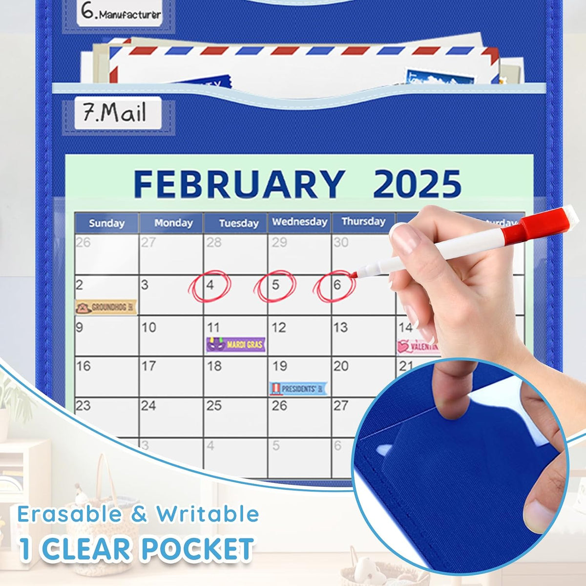 Hanging File Organizer 8 Pockets 15¾”W Legal/ Letter Size Paper Organizer, Pocket Chart for Classroom , Mail Organizer Wall Mounted, Over the Door Organizer with 12 Nameplate, 5 Hooks (Black)