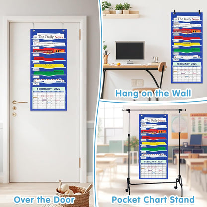 Hanging File Organizer 8 Pockets 15¾”W Legal/ Letter Size Paper Organizer, Pocket Chart for Classroom , Mail Organizer Wall Mounted, Over the Door Organizer with 12 Nameplate, 5 Hooks (Black)