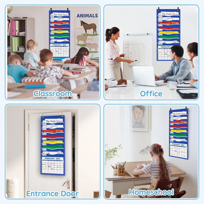 Hanging File Organizer 8 Pockets 15¾”W Legal/ Letter Size Paper Organizer, Pocket Chart for Classroom , Mail Organizer Wall Mounted, Over the Door Organizer with 12 Nameplate, 5 Hooks (Black)