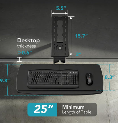 Keyboard Tray Under Desk with Storage Drawer, Height Adjustable Keyboard Tray Slide Out 360° Swivel Tilt, Ergonomic Under Desk Mount Keyboard & Mouse Pad Lighting for Gaming Home Office