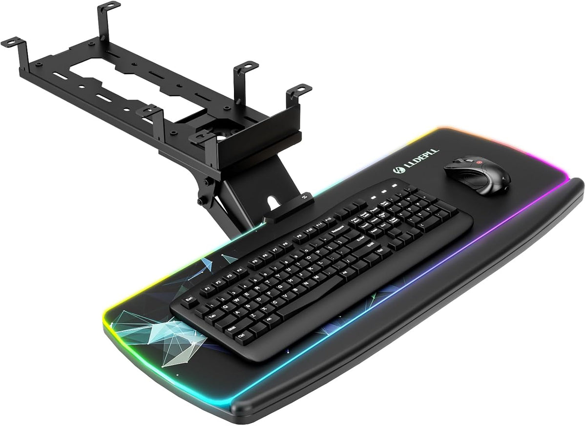 Keyboard Tray Under Desk with Storage Drawer, Height Adjustable Keyboard Tray Slide Out 360° Swivel Tilt, Ergonomic Under Desk Mount Keyboard & Mouse Pad Lighting for Gaming Home Office