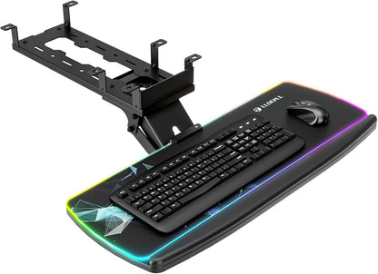 Keyboard Tray Under Desk with Storage Drawer, Height Adjustable Keyboard Tray Slide Out 360° Swivel Tilt, Ergonomic Under Desk Mount Keyboard & Mouse Pad Lighting for Gaming Home Office