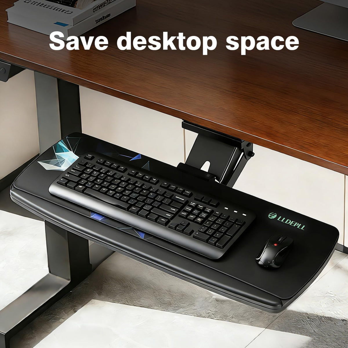 Keyboard Tray Under Desk with Storage Drawer, Height Adjustable Keyboard Tray Slide Out 360° Swivel Tilt, Ergonomic Under Desk Mount Keyboard & Mouse Pad Lighting for Gaming Home Office