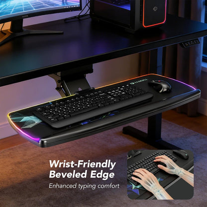 Keyboard Tray Under Desk with Storage Drawer, Height Adjustable Keyboard Tray Slide Out 360° Swivel Tilt, Ergonomic Under Desk Mount Keyboard & Mouse Pad Lighting for Gaming Home Office