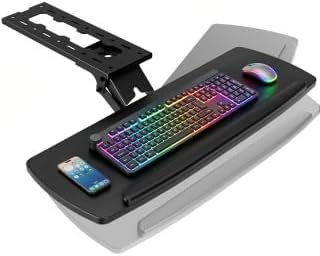 Keyboard Tray Under Desk with Storage Drawer, Height Adjustable Keyboard Tray Slide Out 360° Swivel Tilt, Ergonomic Under Desk Mount Keyboard & Mouse Pad Lighting for Gaming Home Office