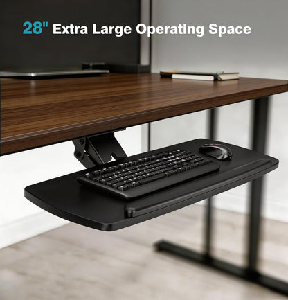Keyboard Tray Under Desk with Storage Drawer, Height Adjustable Keyboard Tray Slide Out 360° Swivel Tilt, Ergonomic Under Desk Mount Keyboard & Mouse Pad Lighting for Gaming Home Office