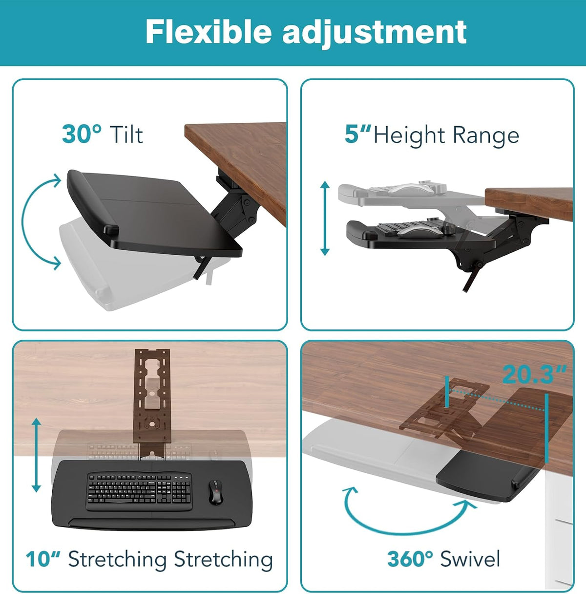 Keyboard Tray Under Desk with Storage Drawer, Height Adjustable Keyboard Tray Slide Out 360° Swivel Tilt, Ergonomic Under Desk Mount Keyboard & Mouse Pad Lighting for Gaming Home Office