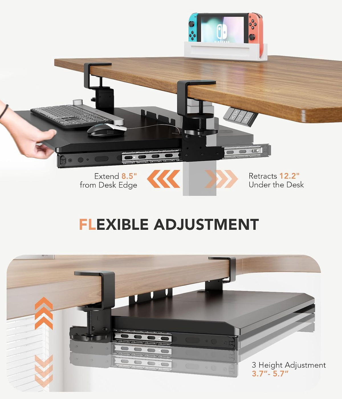 Keyboard Tray Under Desk Pull Out with Extra Sturdy C Clamp Mount System, 27.3 (32.5 inch Including Clamps) x 11 Inch Slide-Out Platform Computer Drawer for Typing Black