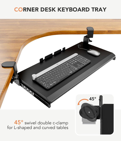 Keyboard Tray Under Desk Pull Out with Extra Sturdy C Clamp Mount System, 27.3 (32.5 inch Including Clamps) x 11 Inch Slide-Out Platform Computer Drawer for Typing Black